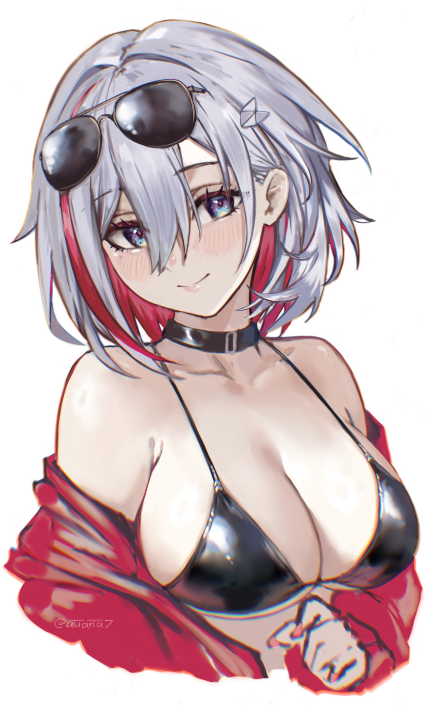 1girl absurdres alternate_costume atiarta7 azur_lane bare_shoulders bikini bikini_top_only black_bikini black_choker blue_eyes breasts choker closed_mouth colored_inner_hair cosplay cropped_torso eyewear_on_head grey_hair highres honkai:_star_rail honkai_(series) jacket large_breasts multicolored_hair open_clothes open_jacket red_hair red_jacket short_hair simple_background smile solo swimsuit taihou_(azur_lane) taihou_(azur_lane)_(cosplay) taihou_(enraptured_companion)_(azur_lane) topaz_(honkai:_star_rail) twitter_username two-tone_hair white_background