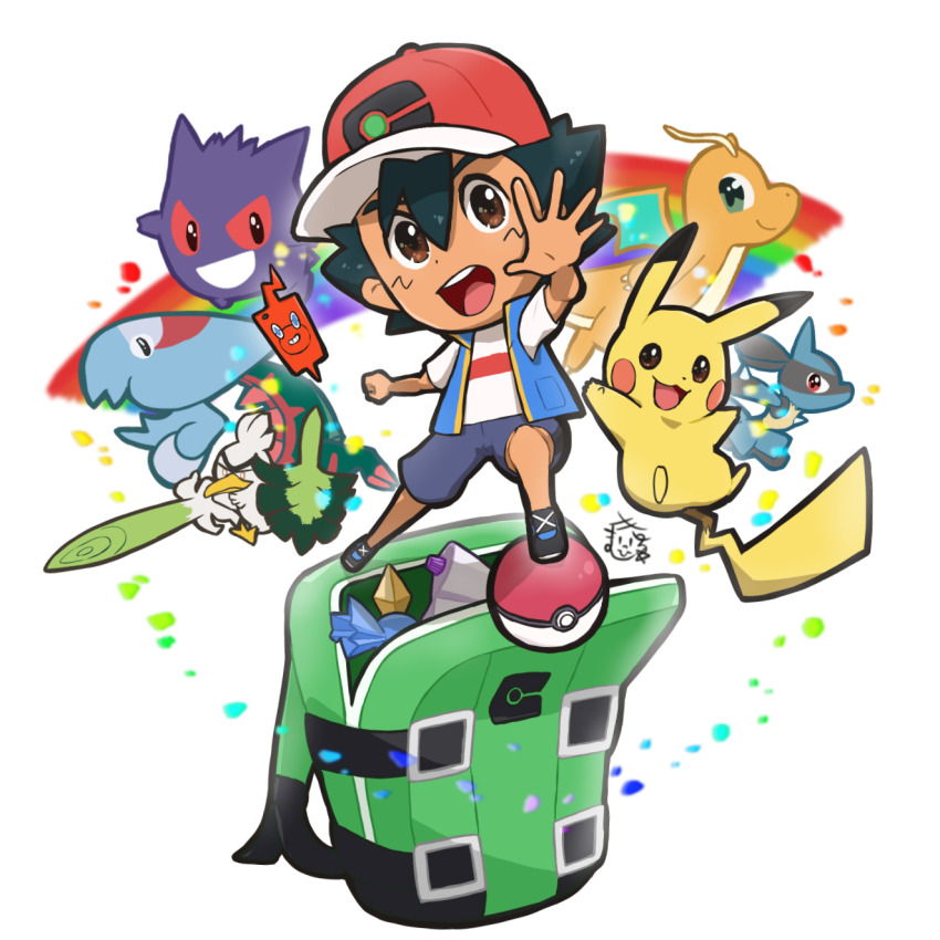 1boy ash_ketchum backpack bag black_eyes black_hair brown_eyes chibi closed_mouth colored_sclera dracovish dragonite facial_mark gen_1_pokemon gen_4_pokemon gen_8_pokemon gengar highres jacket looking_at_viewer lucario male_focus masihizu nintendo open_mouth pikachu poke_ball poke_ball_(basic) pokemon pokemon_(anime) pokemon_(creature) pokemon_journeys potion_(pokemon) rainbow rare_candy red_eyes red_sclera revive_(pokemon) rotom rotom_phone shirt shoes shorts sirfetch&#039;d smile spikes sword weapon wings