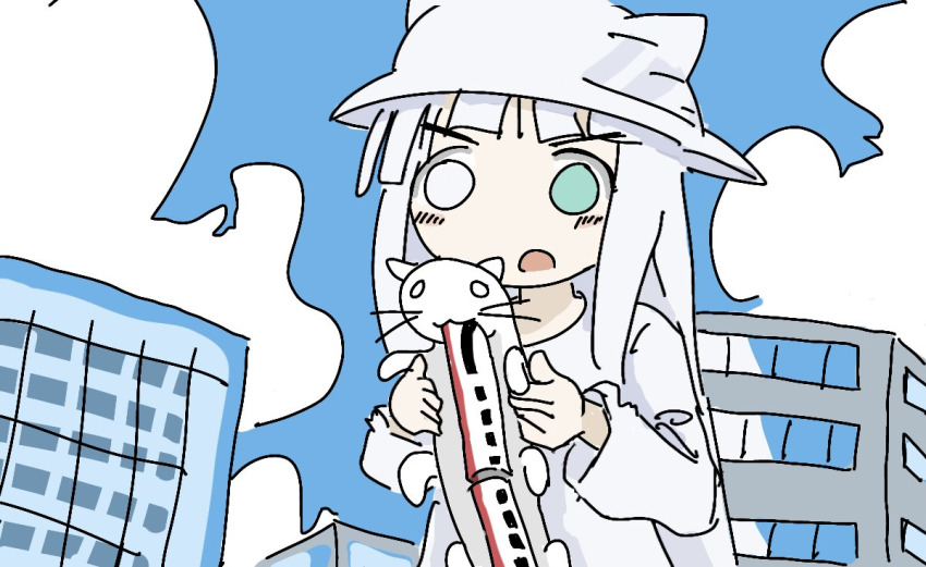 1girl animal_ears_helmet blue_sky bright_pupils building cat cat_helmet dress green_pupils heterochromia nuko_(shoujo_shuumatsu_ryokou) shimeji_simulation sky the_gardener_(shimeji_simulation) tsukumizu_yuu_(style) white_dress white_pupils