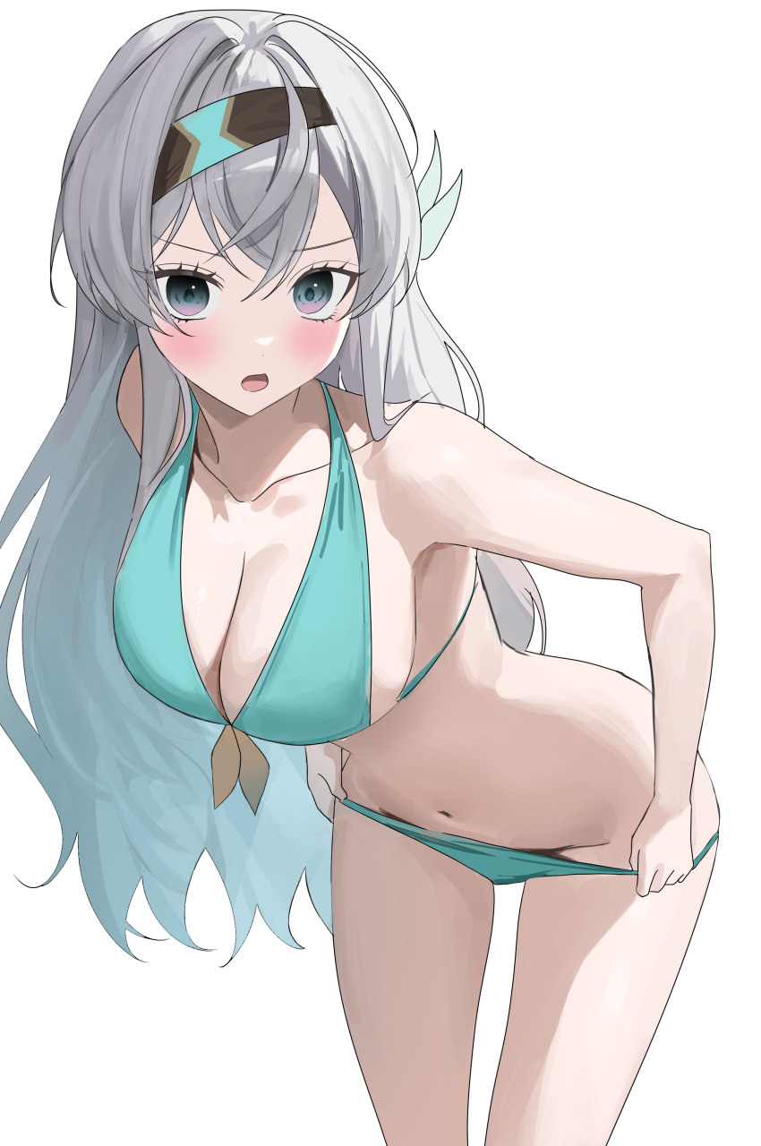 1girl :o absurdres alternate_costume aqua_bikini armpits bare_legs bare_shoulders bikini bikini_bottom_pull black_headband blush breasts cleavage collarbone commentary firefly_(honkai:_star_rail) grey_hair halterneck headband highres honkai:_star_rail honkai_(series) large_breasts long_hair looking_at_viewer multicolored_eyes navel open_mouth pibag simple_background solo stomach string_bikini swimsuit thighs two-tone_eyes undressing white_background