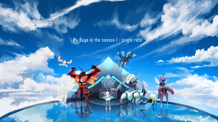 1girl antennae araquanid blue_eyes blue_sky bubble bug buzzwole cloud cockroach day english_text extra_arms gen_2_pokemon gen_3_pokemon gen_7_pokemon golisopod highres insect isopod mandibles masquerain mega_pokemon mega_scizor mosquito muscular nintendo pheromosa pincers pokemon pokemon_(creature) pokemon_sm purple_eyes ribombee scizor sky spider tarai_(silica5) throne ultra_beast vikavolt wings yellow_eyes