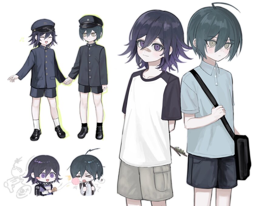 2boys :d aged_down ahoge alternate_costume bag bandaid bandaid_on_face bandaid_on_nose black_bag black_footwear black_hair black_hat black_shirt black_shorts blush blush_stickers brown_eyes buttons closed_eyes collared_shirt cowboy_shot danganronpa_(series) danganronpa_v3:_killing_harmony full_body grey_shirt hair_between_eyes hat highres holding_hands male_focus multiple_boys nuns197 oma_kokichi open_mouth purple_eyes raglan_sleeves saihara_shuichi shirt shoes shorts shoulder_bag simple_background smile socks standing white_shirt white_socks