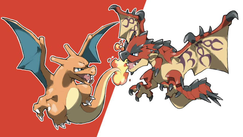animal_focus blacknirrow blue_eyes charizard claws creatures_(company) crossover dragon dragon_wings fangs fire flame-tipped_tail game_freak gen_1_pokemon highres monster monster_hunter_(series) nintendo no_humans open_mouth outline pokemon pokemon_(creature) rathalos red_background sharp_teeth simple_background teeth two-tone_background v-shaped_eyes white_background white_outline wings