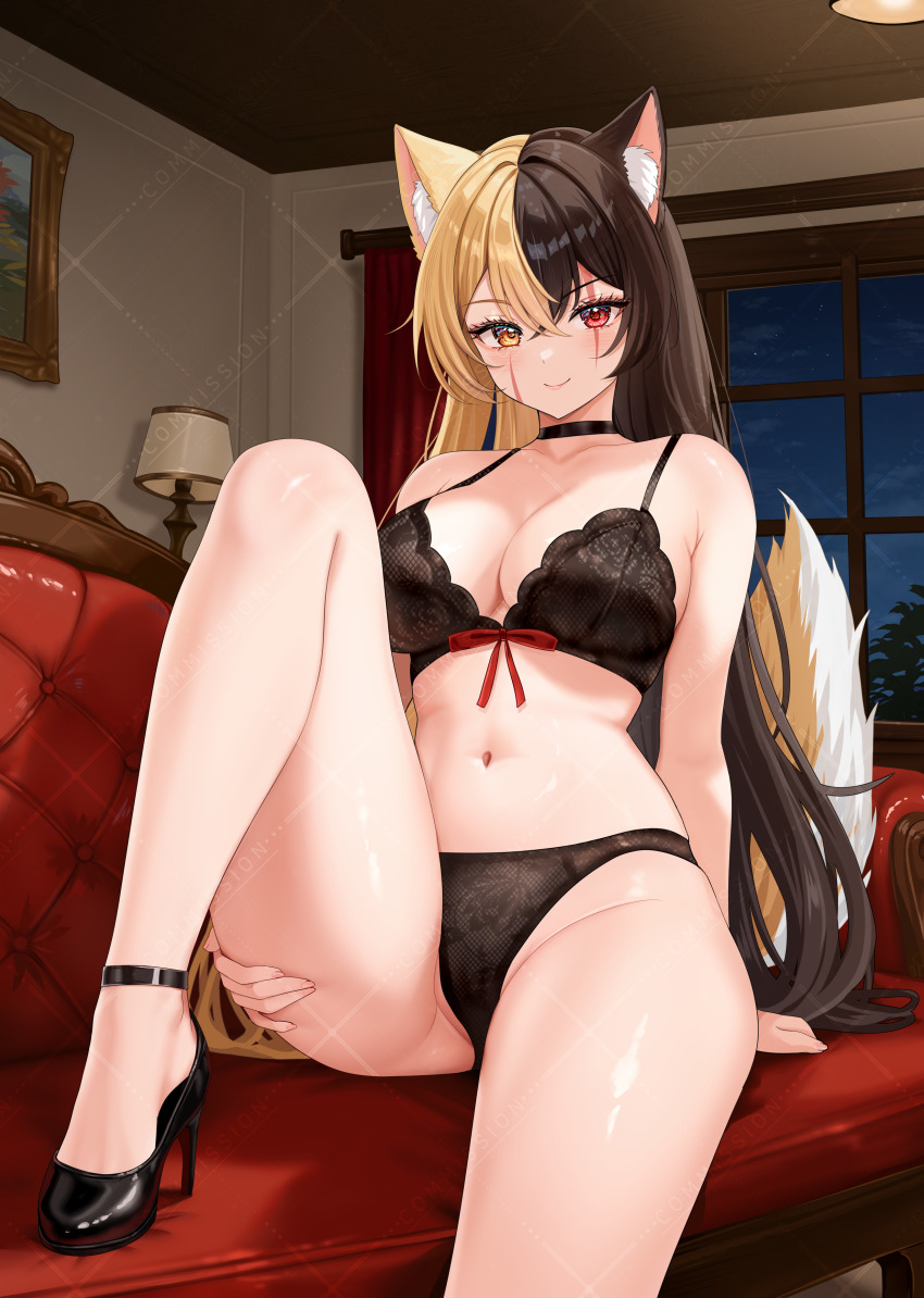 1girl absurdres animal_ears bare_arms bare_legs bare_shoulders bibixart black_bra black_choker black_hair black_panties black_shoes blonde_hair bra breasts chaise_longue choker cleavage closed_mouth collarbone commentary commission couch dog_ears dog_girl dog_tail english_commentary hair_between_eyes hand_on_own_ass high_heels highres indie_virtual_youtuber indoors knee_up kwang_hulu large_breasts lingerie long_hair looking_at_viewer multicolored_hair navel on_couch panties red_eyes red_ribbon ribbon scar scar_across_eye scar_on_face shoes smile solo split-color_hair stomach string_bra tail thighs two-tone_hair underwear underwear_only v-shaped_eyebrows very_long_hair virtual_youtuber yellow_eyes