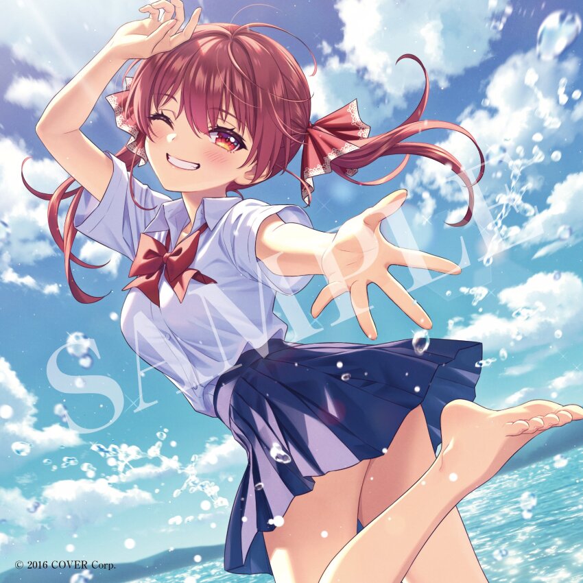 1girl 2016 barefoot blue_sky blush breasts cloud cloudy_sky day feet heterochromia highres hololive houshou_marine large_breasts morikura_en ocean one_eye_closed one_leg_raised red_hair school_uniform skirt sky smile soles virtual_youtuber water_drop watermark