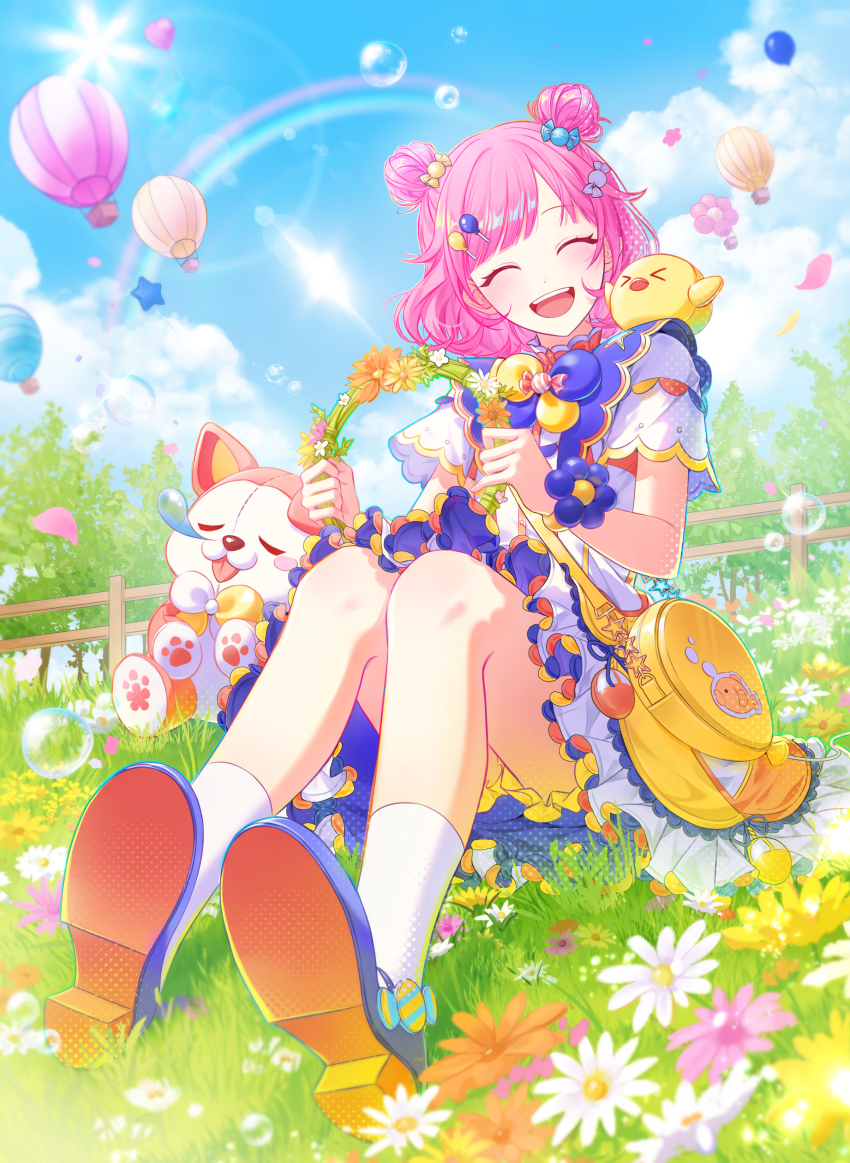 1girl :d ^_^ absurdres animal animal_on_shoulder bag balloon blue_bow blue_sky blush bow bubble cat closed_eyes cloud commission day double_bun facing_viewer flower frills full_body grass hair_bun hair_ornament highres holding lens_flare on_grass open_mouth original outdoors petals pink_hair rainbow shirt shoe_soles shoes short_hair short_sleeves shoulder_bag sitting skirt sky smile socks solo star_(symbol) teeth tree white_flower white_socks yellow_flower yuhaw0v0