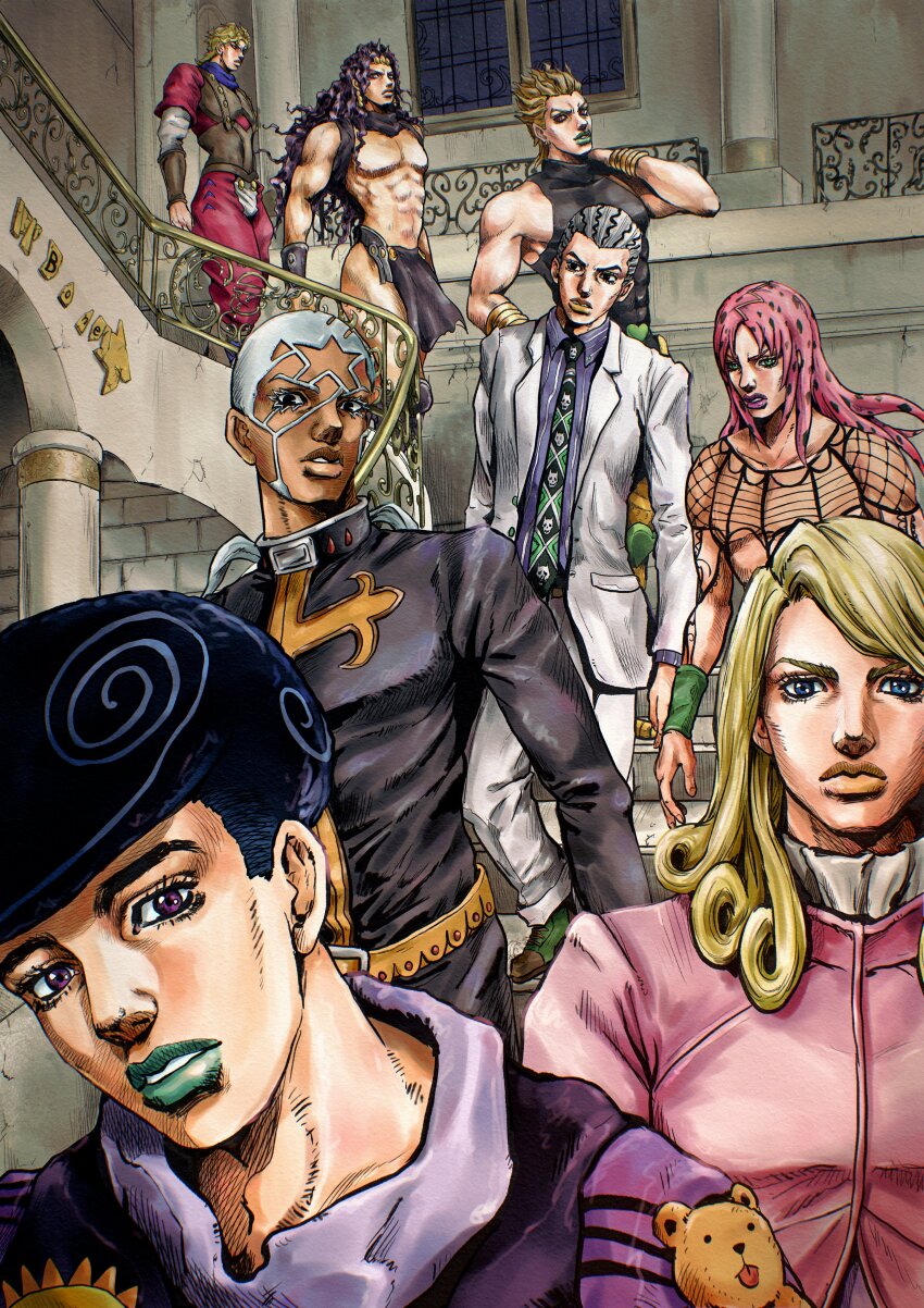 6+boys abs absurdres afro aqua_lips araki_hirohiko_(style) battle_tendency belt bishounen black_eyes black_hair black_necktie black_robe black_shirt blonde_hair blue_eyes blue_scarf bracelet bracer brown_belt brown_lips buzz_cut cassock coat collared_shirt colored_eyelashes commentary_request cross cross_print crosshatching curly_hair dark-skinned_male dark_skin diamond_wa_kudakenai dio_brando dual_persona enrico_pucci facial_hair fishnet_top fishnets funny_valentine gakuran green_lips grey_hair hatching_(texture) high_collar highres horns in-franchise_crossover indoors jacket jewelry jojo_no_kimyou_na_bouken jojolion kaib0y kars_(jojo) kawajiri_kosaku kira_yoshikage layered_sleeves long_hair long_sleeves looking_at_viewer makeup male_focus multiple_boys necktie pants parted_bangs parted_lips pelvic_curtain phantom_blood pink_coat pink_hair pink_lips portrait purple_eyes purple_shirt red_eyes red_pants red_shirt robe scarf school_uniform shirt short_hair short_over_long_sleeves short_sleeves sleeveless sleeveless_turtleneck stardust_crusaders steel_ball_run stone_ocean striped_hair stuffed_animal stuffed_toy suit_jacket teddy_bear teeth time_paradox tooru_(jojolion) topless_male traditional_media turtleneck turtleneck_shirt upper_body very_short_hair white_eyelashes white_hair white_jacket white_pants