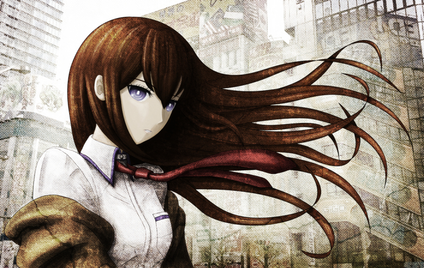 1girl belt breast_pocket breasts brown_hair brown_jacket clenched_teeth collared_shirt hair_between_eyes hair_over_shoulder huke_(style) jacket jacket_partially_removed kuri_kame leather_belt looking_at_viewer makise_kurisu necktie outdoors parted_lips pocket purple_eyes purple_trim rainmaker red_necktie ringed_eyes shirt small_breasts solo square_pupils steins;gate teeth white_belt white_shirt