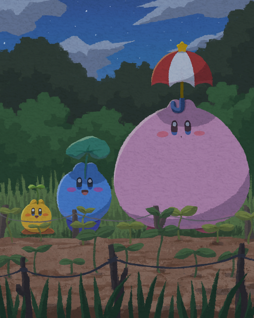 blush_stickers cloud commentary_request copy_ability grass highres holding holding_leaf kirby kirby_(series) leaf looking_at_viewer miclot night night_sky nintendo no_humans open_mouth orb outdoors parasol parasol_kirby parody side-by-side sky smile soil sprout standing star_(sky) star_(symbol) tonari_no_totoro tree umbrella