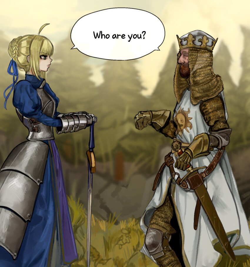 1boy 1girl ahoge armor armored_dress artoria_pendragon_(fate) beard blonde_hair blue_dress blue_ribbon commentary crossover crown dress english_text excalibur_(fate/stay_night) facial_hair fate/stay_night fate_(series) forest from_side gauntlets green_eyes hair_ribbon highres holding holding_sword holding_weapon king_arthur_(mythology) kkghost_tv long_sleeves looking_at_another monty_python monty_python_and_the_holy_grail name_connection nature outdoors profile ribbon saber_(fate) scabbard sheath sheathed short_hair speech_bubble sword symbol-only_commentary weapon