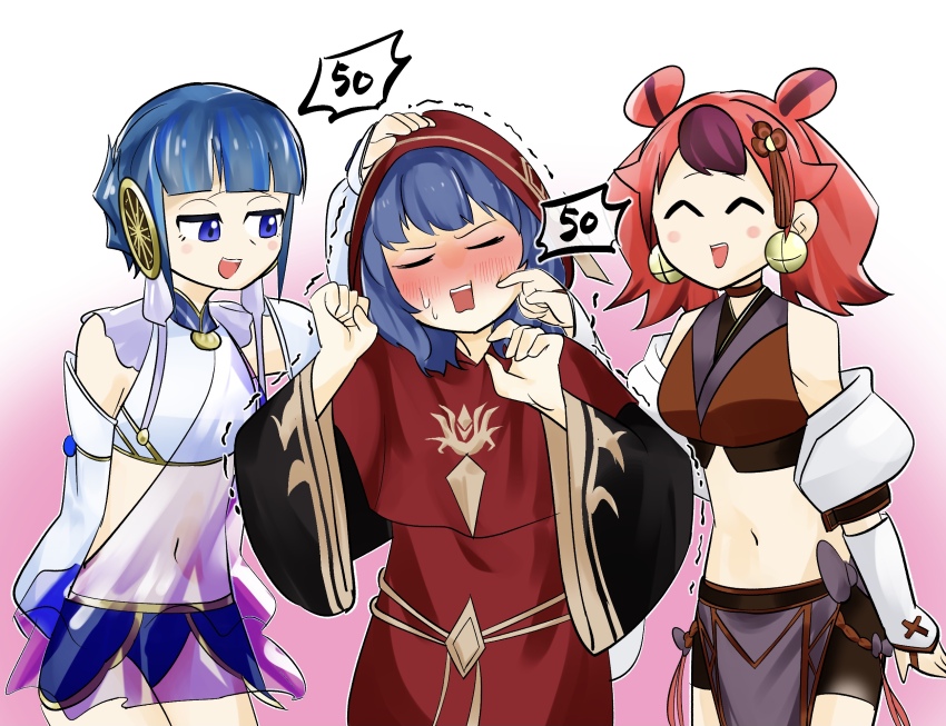 3girls blue_eyes blue_hair blunt_bangs blush cheek_poking closed_eyes crop_top damage_numbers detached_sleeves duel_monster gameplay_mechanics ha-re_the_sword_mikanko headpat highres lo_the_prayers_of_the_voiceless_voice midriff multiple_girls navel ni-ni_the_mirror_mikanko poking red_hair red_robe robe sawan_cutman smile standing twintails yu-gi-oh! yuri