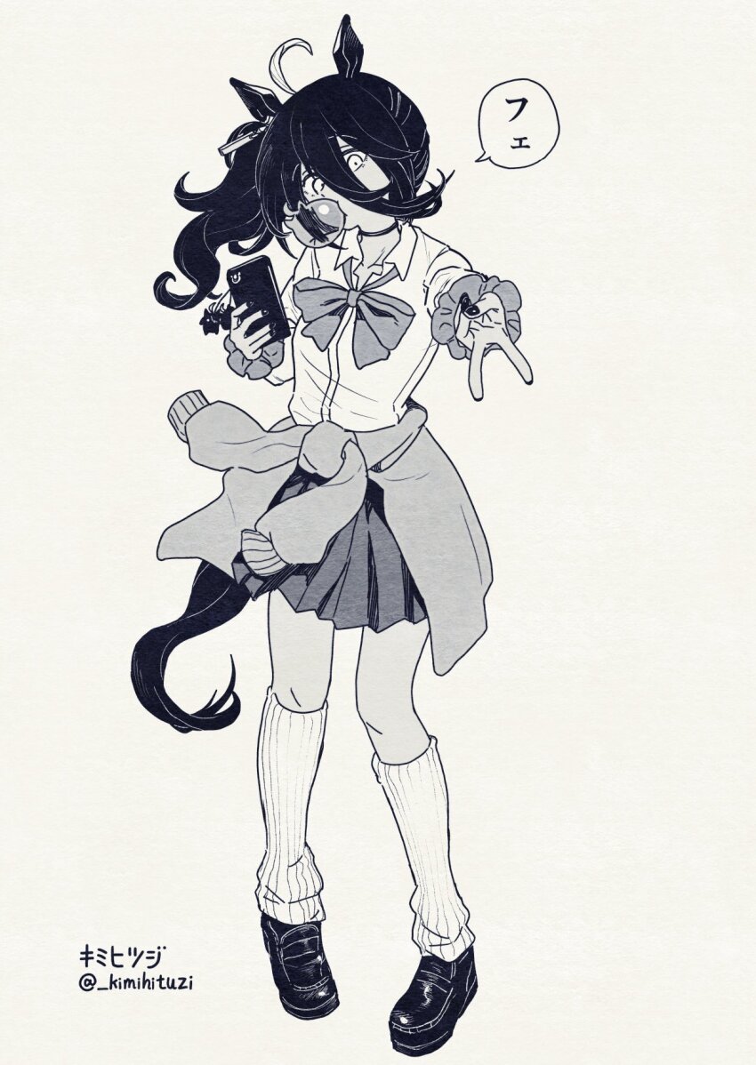 1girl animal_ears blowing_bubbles bow bowtie breasts cardigan cardigan_around_waist cellphone charm_(object) chewing_gum choker clothes_around_waist collared_shirt ear_tag earrings greyscale gyaru_v hair_between_eyes highres holding holding_phone horse_ears horse_girl horse_tail jewelry kimihitsuji long_bangs long_hair long_hair_between_eyes manhattan_cafe_(umamusume) monochrome nail_polish phone pleated_skirt scrunchie shirt shoes short_sleeves side_ponytail simple_background single_earring skirt small_breasts smartphone socks solo speech_bubble tail translation_request twitter_username umamusume unworn_cardigan v white_background wrist_scrunchie