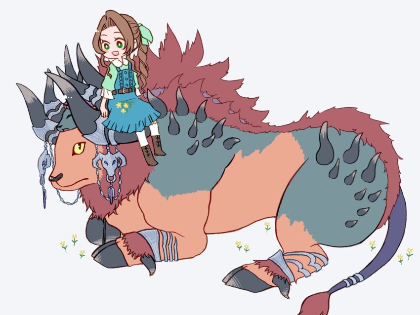 aerith_gainsborough aged_down belt blue_dress bluelimbo8888 boots braid braided_ponytail brown_belt brown_footwear brown_hair bull collared_shirt dress final_fantasy final_fantasy_vii final_fantasy_vii_rebirth final_fantasy_vii_remake flower frilled_sleeves frills full_body green_eyes green_ribbon green_shirt hair_ribbon hooves horns kujata_(final_fantasy) long_hair monster multicolored_fur multiple_horns official_alternate_costume open_mouth orange_fur parted_bangs red_fur ribbon shirt shirt_under_dress sidelocks single_braid sitting_on_animal smile white_background yellow_eyes yellow_flower