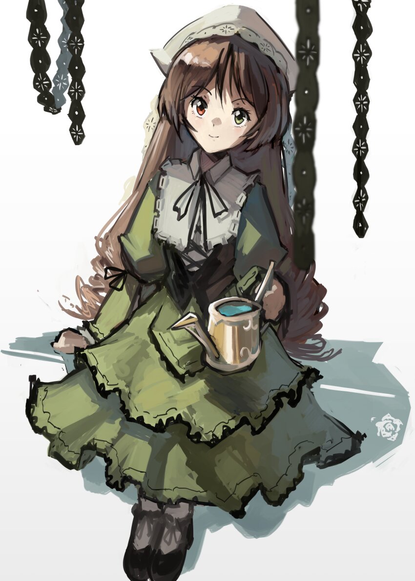 1girl absurdres brown_hair chain dress full_body green_dress green_eyes heterochromia highres holding holding_watering_can kornod long_hair looking_at_viewer red_eyes solo suiseiseki very_long_hair watering_can white_background