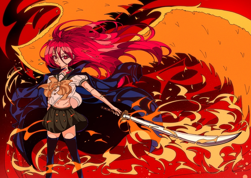 1girl artdroiiid_ii black_sailor_collar black_skirt black_thighhighs blue_cape bow bowtie bright_pupils cape colorful commentary english_commentary feet_out_of_frame fire flaming_sword flaming_weapon floating_clothes floating_hair highres holding holding_sword holding_weapon legs_apart long_hair looking_at_viewer midriff_peek miniskirt navel orange_wings outstretched_arm pleated_skirt red_eyes red_hair red_theme sailor_collar school_uniform serafuku serious shakugan_no_shana shana shirt short_sleeves skirt solo standing sword thighhighs weapon white_pupils white_shirt wings yellow_bow yellow_bowtie zettai_ryouiki