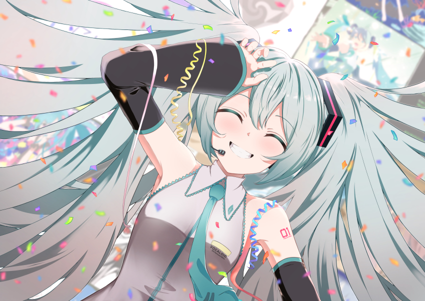 1girl absurdres anniversary annotation_request aqua_hair aqua_necktie arm_up armpits blurry blurry_background blush breasts closed_eyes commentary confetti detached_sleeves facing_viewer grey_shirt grin hair_between_eyes hair_ornament hand_up hatsune_miku headphones highres long_hair long_sleeves medium_breasts melt_(vocaloid) necktie parted_lips partially_annotated rio_beginner shirt sleeveless sleeveless_shirt smile solo song_request teeth tell_your_world_(vocaloid) twintails unknown_mother_goose_(vocaloid) upper_body very_long_hair vocaloid wide_sleeves