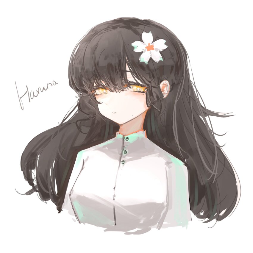 1girl bright_pupils brown_hair buttons character_name collared_shirt commentary_request cropped_torso expressionless eyelashes flower hair_between_eyes hair_flower hair_ornament highres lewenxijian light_blush long_hair long_sleeves mole mole_under_eye multiple_moles one-hour_drawing_challenge original parted_lips shirt simple_background solo white_background white_flower white_pupils white_shirt yellow_eyes
