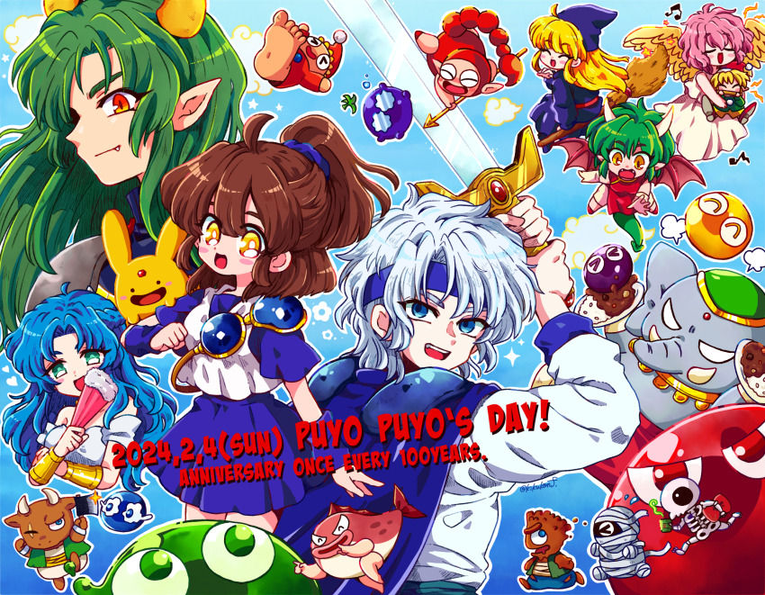 5girls 6+boys :d ^_^ anniversary arle_nadja blonde_hair blue_background blue_cape blue_eyes blue_hair blue_hat blue_headband blue_robe blue_skirt brown_hair cape carbuncle_(puyopuyo) chibi chika009 china_dress chinese_clothes closed_eyes closed_mouth commentary_request cropped_torso curry curry_rice dated draco_centauros dress elephant english_text engrish_text everyone fang fang_out fangs feathered_wings folding_fan food gradient_background green_hair grey_hair hand_fan harpy_(puyopuyo) hat headband high_ponytail highres holding holding_fan holding_plate holding_sword holding_weapon horns long_hair long_sleeves looking_at_viewer madou_monogatari minotaur_(puyopuyo) multiple_boys multiple_girls mummy mummy_(puyopuyo) musical_note nasu_grave one_eye_closed open_mouth outline panotty pink_eyes pink_hair plate pointy_ears ponytail puff_of_air puyo_(puyopuyo) puyopuyo ranguage red_dress red_eyes rice robe rulue_(puyopuyo) sasori_man satan_(puyopuyo) scar scar_across_eye scar_on_face schezo_wegey shirt short_hair short_sleeves simple_background skeleton skeleton_t skirt smile sparkle suketoudara sukiyapodes sword u_u weapon white_dress white_outline white_shirt wings witch_(puyopuyo) yellow_eyes yellow_wings zoh_daimaoh zombie_(puyopuyo)