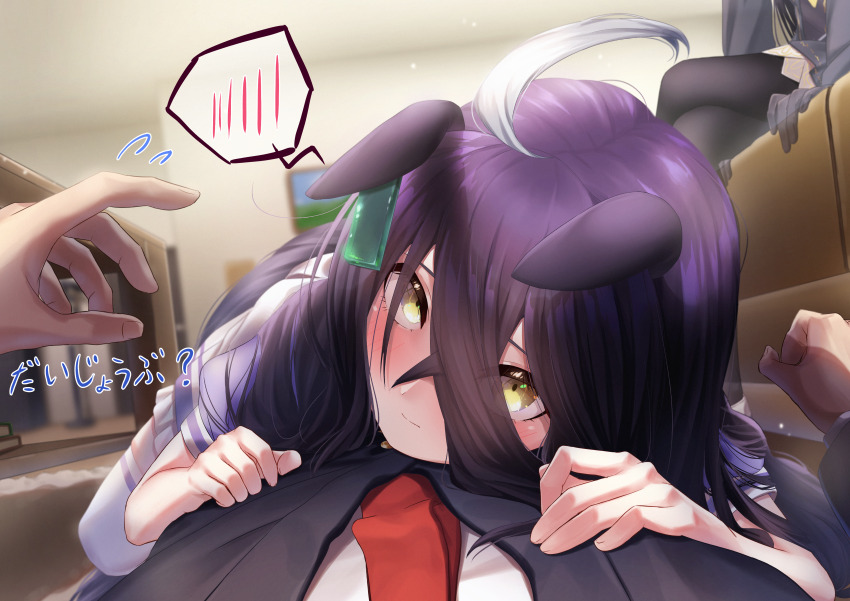 1boy 2girls absurdres ahoge animal_ears black_gloves black_hair black_pantyhose black_suit earrings flying_sweatdrops formal_clothes gloves hair_between_eyes highres horse_ears horse_girl horse_tail indoors jacket jewelry long_hair looking_at_viewer lying lying_on_person manhattan_cafe_(umamusume) multicolored_hair multiple_girls necktie on_person on_stomach pantyhose pov red_necktie reo-illust4696 school_uniform see-through_body single_earring skirt spoken_blush suit suit_jacket tail thighhighs tracen_school_uniform two-tone_hair umamusume white_hair white_skirt white_thighhighs yellow_eyes