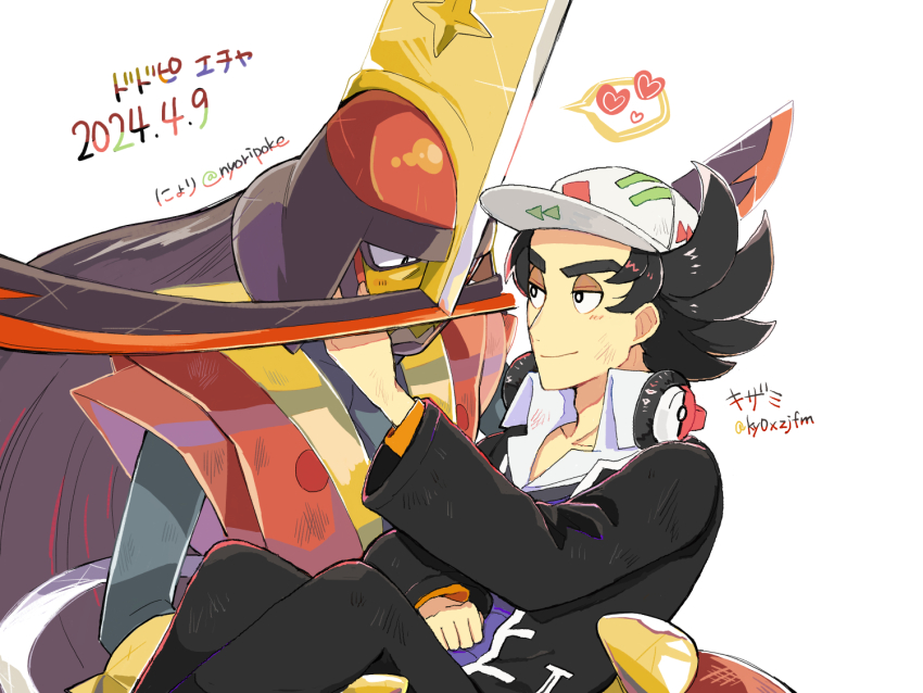 1boy black_eyes black_hair black_jacket black_pants bright_pupils carrying closed_mouth collared_shirt commentary_request dated eye_contact giacomo_(pokemon) hat headphones heart jacket kingambit long_sleeves looking_at_another male_focus nintendo nyoripoke pants pointy_hair pokemon pokemon_sv shirt smile spoken_heart twitter_username vest white_hat white_pupils white_shirt