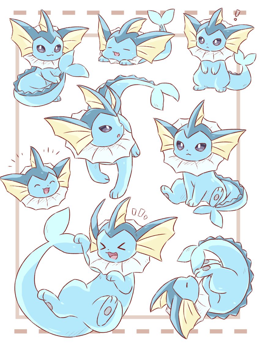 absurdres animal_focus bright_pupils closed_eyes closed_mouth commentary_request fins forked_tail full_body game_freak gen_1_pokemon head_fins highres neko_gyoza nintendo no_humans open_mouth pokemon pokemon_(creature) purple_eyes sitting smile standing tail upside-down vaporeon white_pupils