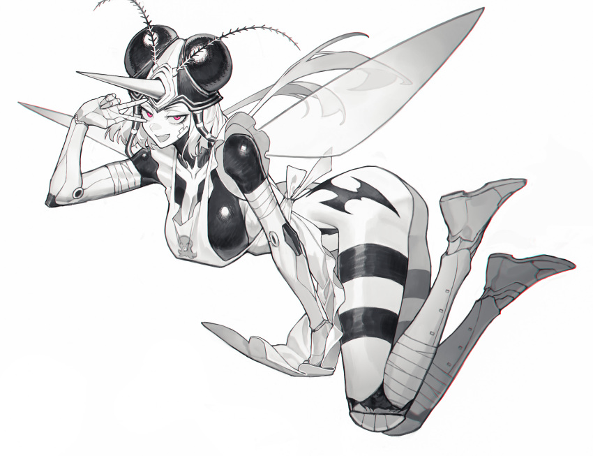 1girl :p antennae apron arthropod_girl ass bandages bandaid bent_over breasts frills full_body hanging_breasts highres jitome large_breasts medium_hair monster_girl mosquito_girl mosquito_musume naked_apron one-punch_man one_eye_closed pink_eyes rhine_(overtonerhine) simple_background smirk tongue tongue_out v wavy_hair white_background wings