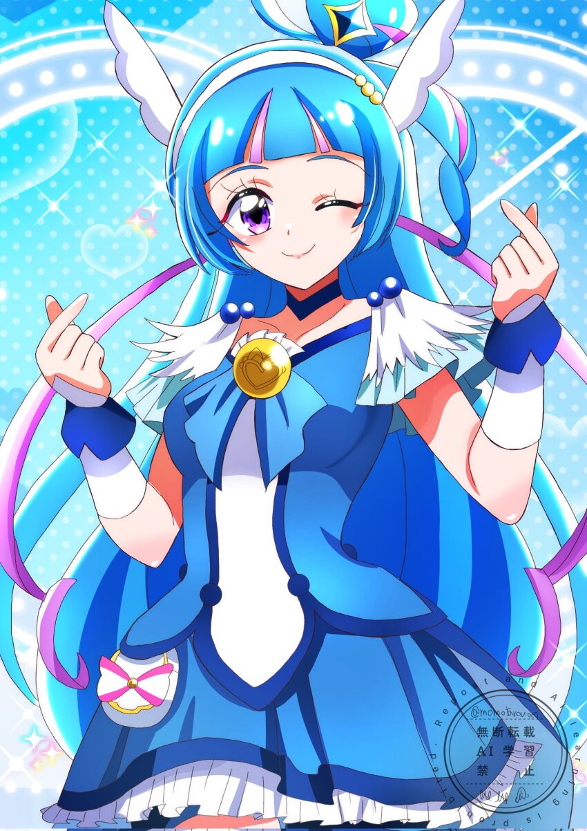 1girl ;) aokaze_nana arched_bangs bike_shorts blue_background blue_bow blue_choker blue_dress blue_gemstone blue_hair blue_shorts blue_theme blush bow breasts chest_bow choker collarbone color_connection commentary cosplay cowboy_shot cure_beauty cure_beauty_(cosplay) cure_wink dotted_background dress finger_heart frilled_dress frills gem gem_hair_ornament hair_bobbles hair_ornament hairband hands_up heart heart-shaped_hair highres kimi_to_idol_precure long_hair looking_at_viewer magical_girl medium_breasts momotarouooi multicolored_hair one_eye_closed pouch precure purple_eyes purple_hair purple_streaks short_dress short_sleeves shorts shorts_under_dress smile smile_precure! solo sparkle_background streaked_hair two-tone_hair watermark white_hairband white_wrist_cuffs wing_hair_ornament wrist_cuffs