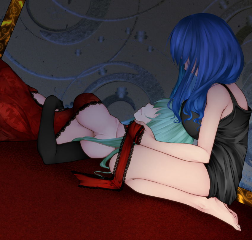2girls alternate_costume alternate_hairstyle aoshima bare_shoulders blue_eyes breasts camisole dress elbow_gloves gloves green_hair highres kagiyama_hina kawashiro_nitori large_breasts multiple_girls no_headwear no_headwear red_dress sideboob touhou yuri