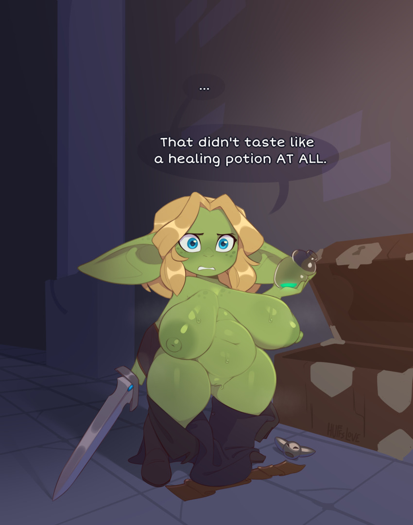 1girl blonde_hair blue_eyes breasts colored_skin english_text female_goblin goblin green_skin highres huffslove large_breasts large_ears nipples nude original oversized_clothes plump potion pussy shortstack solo sword syllia_(huffslove) transformation weapon wide_hips
