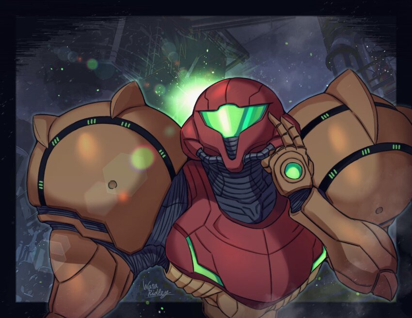 1girl armor artist_name assault_visor green-tinted_eyewear helmet metroid nintendo orange_armor power_suit_(metroid) red_helmet samus_aran solo tinted_eyewear upper_body varia_suit wakaba_(wata_ridley)