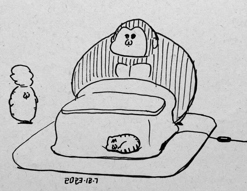 :3 abs ape cat chibi crossover godzilla_(series) godzilla_vs._kong godzilla_x_kong:_the_new_empire gorilla highres kaiju king_kong king_kong_(series) kotatsu koutarosu legendary_pictures monochrome monsterverse muscular no_humans scar scar_on_face simple_background sitting table traditional_media