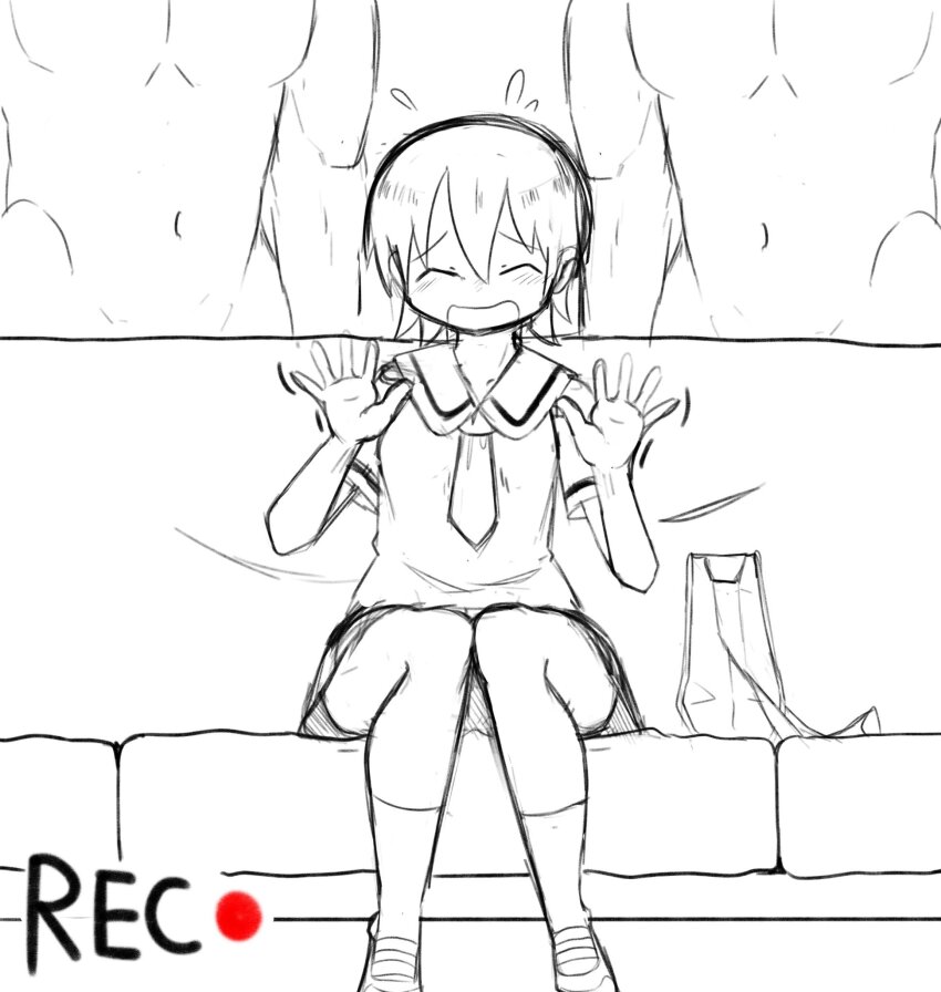 1girl 2boys aioi_yuuko bag blush closed_eyes couch flying_sweatdrops greyscale hands_up highres mad_mex meme monochrome multiple_boys nichijou open_mouth piper_perri_surrounded_(meme) school_uniform shoes short_hair short_sleeves sitting sketch socks thighs tokisadame_school_uniform waving