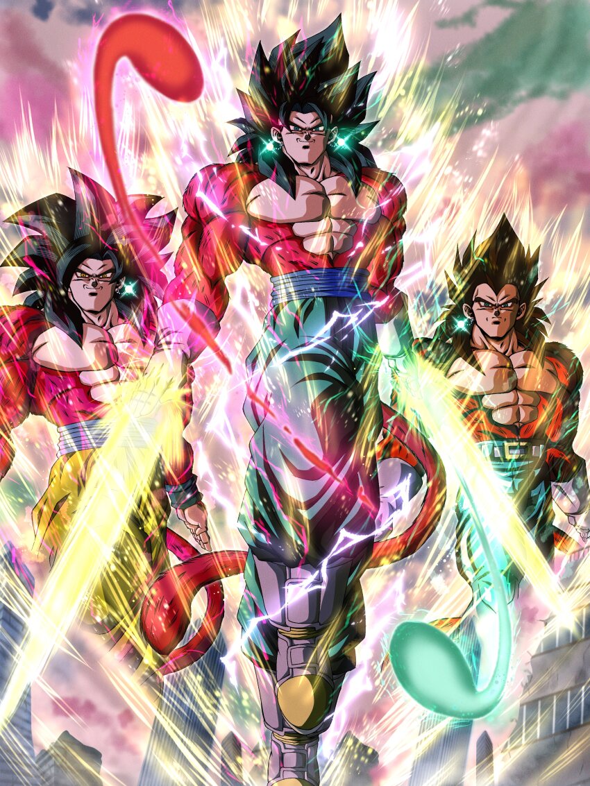 3boys abs absurdres aura battle belt black_hair body_fur boots denim dragon_ball dragon_ball_gt dragon_ball_z_dokkan_battle earrings energy_blade energy_sword frown gloves highres hiro_(udkod1ezlyi2flo) jewelry long_hair looking_at_viewer male_focus monkey_boy monkey_tail multiple_boys muscular muscular_male pants pectorals potara_earrings red_fur saiyan serious smile son_goku super_saiyan super_saiyan_4 sword tail vegeta vegetto weapon