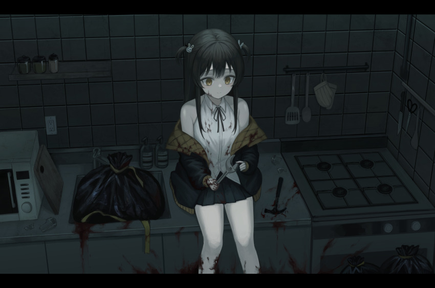 1girl absurdres black_hair black_jacket black_ribbon black_skirt blood blood_on_clothes blood_on_face blood_on_hands blood_on_leg bloody_weapon broken_glass cabinet closed_mouth collared_shirt commentary_request dark dot_nose electrical_outlet faucet glass hair_ornament hammer highres holding holding_wrench implied_murder indoors jacket jar kitchen kkamkkam letterboxed long_hair long_sleeves microwave miniskirt neck_ribbon off_shoulder open_clothes original oven_mitts padded_jacket rabbit_hair_ornament ribbon ringed_eyes scissors shirt sidelocks skirt smile soap_bottle solo spatula stove tile_wall tiles trash_bag two-sided_fabric two-sided_jacket two_side_up weapon white_shirt wrench yellow_eyes