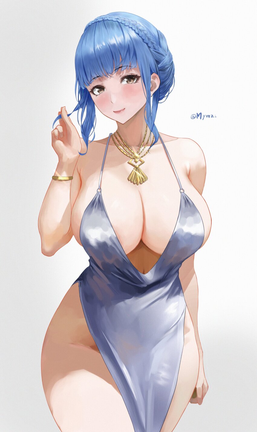 absurdres azur_lane backless_outfit blue_hair braid breasts brown_eyes cosplay crown_braid dress fire_emblem fire_emblem:_three_houses highres huge_breasts jewelry marianne_von_edmund mymzi nintendo revealing_clothes sideboob silver_dress smile st._louis_(azur_lane) st._louis_(luxurious_wheels)_(azur_lane)