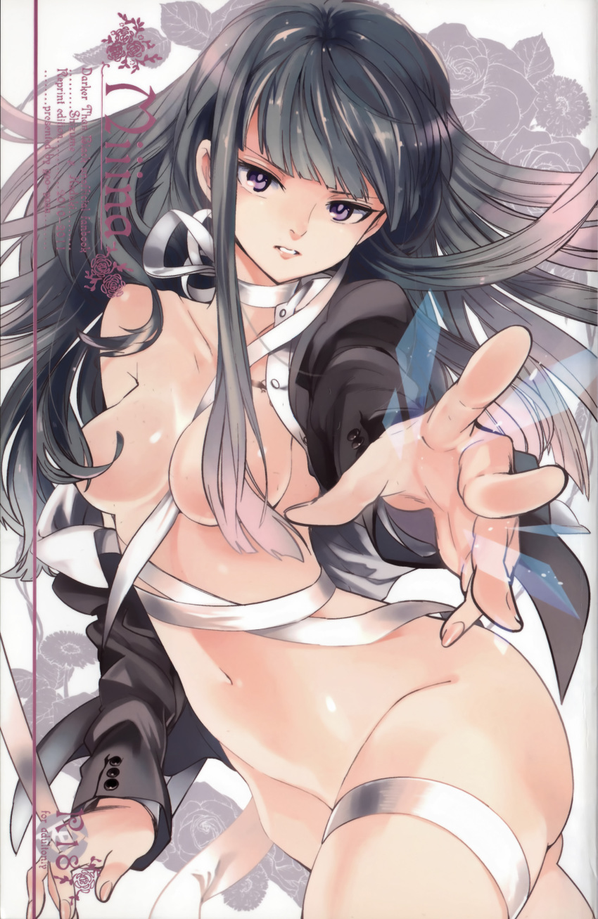 1girl absurdres bandages black_hair blazer breasts breasts_out darker_than_black female_focus foreshortening hair_censor hair_over_breasts hazuki_mina_(darker_than_black) highres jacket looking_at_viewer navel nude ocha_(oteaaa) off_shoulder open_clothes outstretched_arm purple_eyes small_breasts solo tsurime
