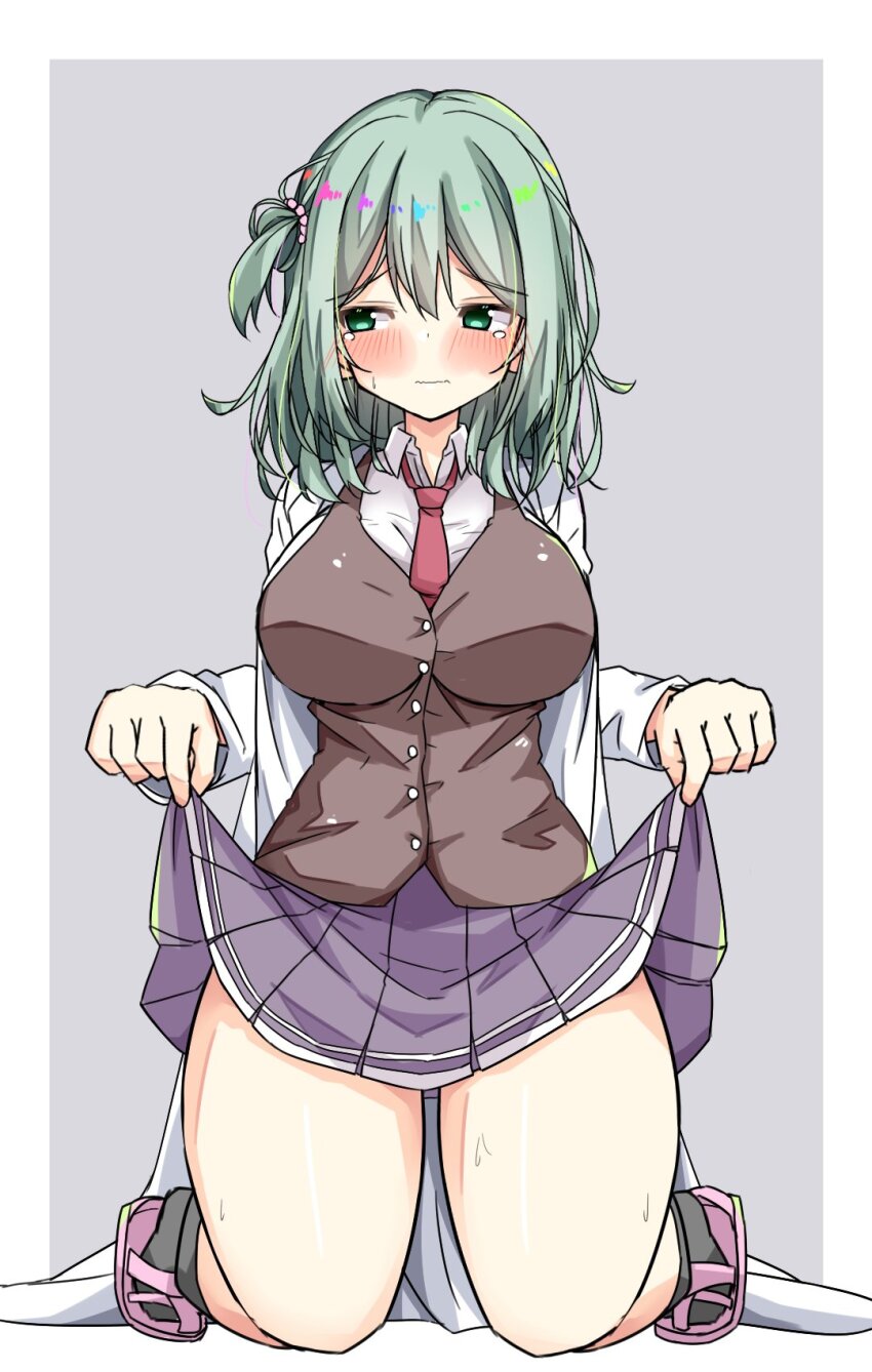 1girl aqua_eyes aqua_hair beads blush border breasts brown_vest buttons closed_mouth clothes_lift collared_shirt commentary embarrassed full_body furrowed_brow grey_background grey_skirt hair_beads hair_between_eyes hair_ornament highres impossible_clothes kikka_academy_school_uniform kinokohaman kneeling large_breasts lifting_own_clothes long_hair long_sleeves looking_to_the_side miniskirt necktie one_side_up outside_border pink_sandals pleated_skirt red_necktie riddle_joker sandals school_uniform shikibe_mayu shirt simple_background skirt skirt_lift solo sweat tearing_up tears thick_thighs thighs vest wavy_mouth white_border white_shirt