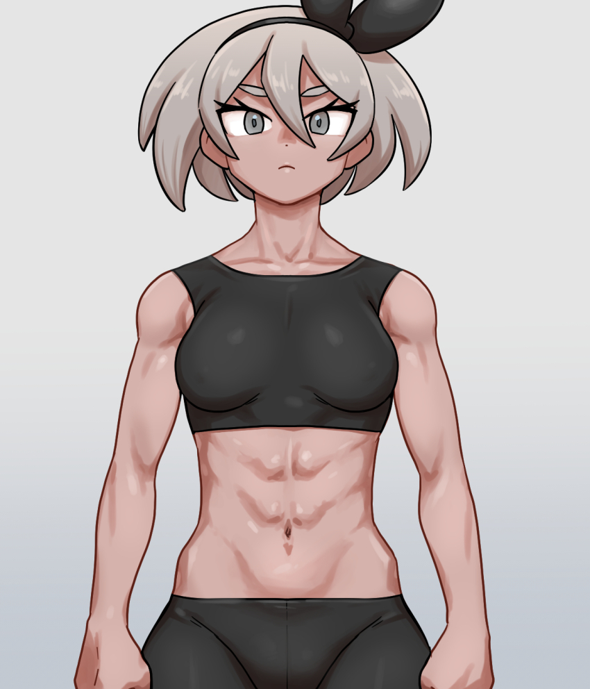 1girl abs bea_(pokemon) biceps bike_shorts black_hairband black_sports_bra bow_hairband breasts closed_mouth collarbone commentary_request eyelashes grey_background grey_eyes grey_hair hair_between_eyes hairband highres looking_at_viewer navel nintendo nutkingcall pokemon pokemon_swsh short_hair skin_tight solo sports_bra toned toned_female