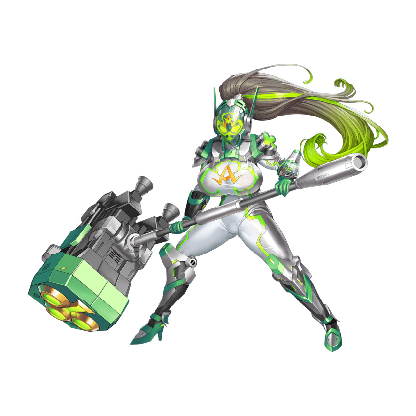 1girl arm_guards armor bodysuit boots breasts cameltoe clover clover_ace fighting_stance full_body game_cg gloves gluteal_fold green_gloves green_hair grey_bodysuit grey_hair hair_ornament hammer helmet high_heel_boots high_heels highres holding holding_hammer holding_weapon huge_breasts huge_weapon large_breasts last_origin legs_apart long_hair looking_at_viewer mechanical_ears armored_boots monitor multicolored_hair obui official_art ponytail shoulder_armor simple_background solo streaked_hair transparent_background two-tone_hair weapon white_bodysuit