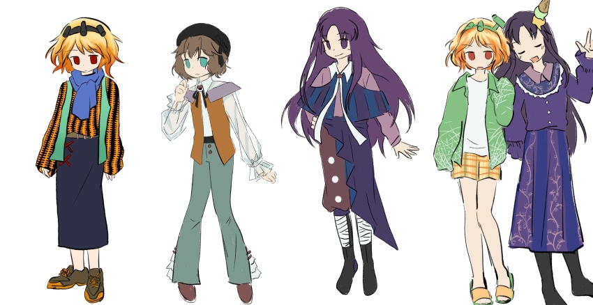 3others absurdres adapted_costume androgynous aqua_eyes baila_kuangzi bandaged_leg bandages black_boots black_hairband black_headwear blue_capelet blue_scarf blue_skirt boots brown_hair brown_pants brown_shoes capelet chinese_commentary cine_hamal clause_(len&#039;en) closed_eyes closed_mouth collared_shirt commentary_request green_hairband green_jacket green_pants hairband highres jacket kuzu_suzumi len&#039;en long_hair long_sleeves multiple_others no_sclera open_clothes open_jacket open_mouth open_vest orange_hair orange_shorts orange_sweater orange_vest other_focus pants parted_bangs pink_shirt plaid_clothes plaid_shorts purple_eyes purple_hair purple_skirt red_eyes scarf see-through_clothes see-through_sleeves shirt shoes short_hair shorts simple_background skirt smile striped_clothes striped_sweater sweater vest white_background white_shirt zuifeng_tenkai