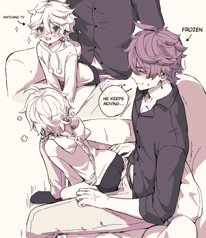 2boys aether_(genshin_impact) age_difference aged_down braid braided_ponytail buttjob buttjob_over_clothes character_request commentary commentary_request couch english_text genshin_impact highres hood hoodie male_focus monochrome multiple_boys on_couch onii-shota redbeanegg reverse_upright_straddle sex sex_from_behind short_hair shota simple_background sitting sitting_on_lap sitting_on_person speech_bubble stress tartaglia_(genshin_impact) thought_bubble watching_television yaoi