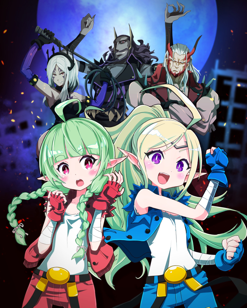 2boys 3girls absurdres ahoge arm_wrap aversa_(fire_emblem) blonde_hair braid circlet commission commissioner_upload cosplay dark-skinned_female dark_skin double_dragon facial_mark fake_horns fire_emblem fire_emblem_awakening full_moon gloves green_hair helmet highres horned_helmet horns kunio-kun_series moon mother_and_daughter multiple_boys multiple_girls nah_(fire_emblem) nintendo non-web_source nowi_(fire_emblem) pointy_ears ponytail purple_eyes sakurajyousui_nami sleeveless sleeveless_jacket tiara twin_braids validar_(fire_emblem) walhart_(fire_emblem) whip white_hair