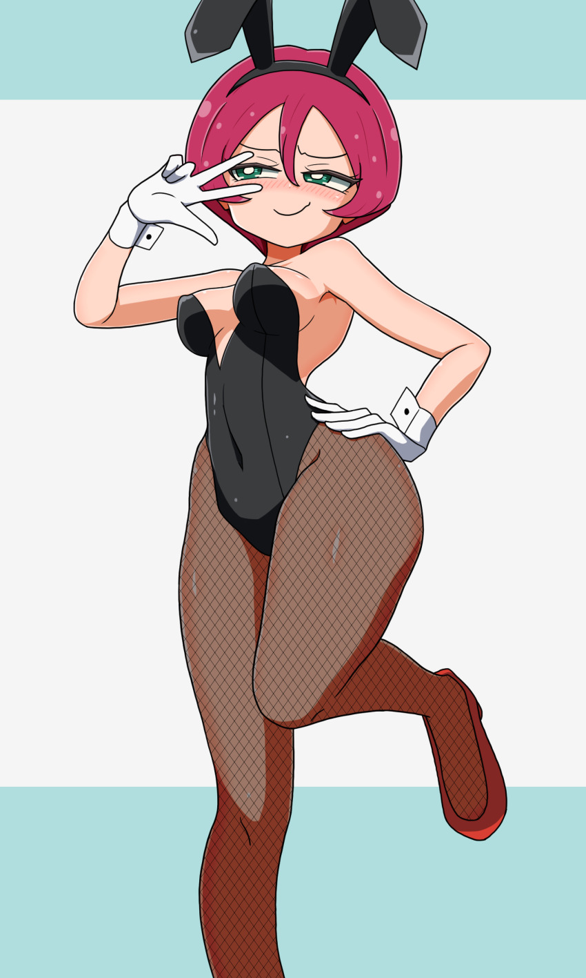 1girl absurdres alternate_costume animal_ears bare_shoulders black_leotard blush breasts covered_navel fake_animal_ears fishnet_pantyhose fishnets game_freak georgia_(pokemon) gloves green_eyes hair_between_eyes hand_on_own_hip hand_up highres leotard mori_hayaki nintendo pantyhose playboy_bunny pokemon pokemon_(anime) pokemon_bw_(anime) rabbit_ears red_hair short_hair small_breasts smile solo standing standing_on_one_leg white_gloves wide_hips