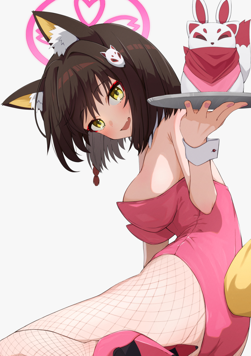 1girl alternate_costume animal_ear_fluff animal_ears blue_archive breasts brown_hair eyeshadow fox_ears fox_girl fox_tail halo highres izuna_(blue_archive) large_breasts leotard looking_at_viewer makeup menchi-men open_mouth pink_eyeshadow pink_halo pink_leotard short_hair simple_background sitting smile tail white_background yellow_eyes