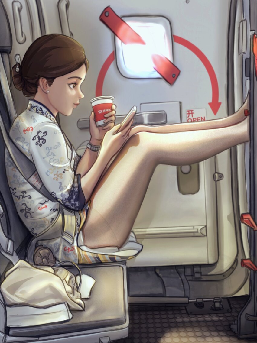 1girl airplane_interior brown_eyes brown_hair cellphone china_dress chinese_clothes commentary cup disposable_cup dress earrings english_commentary flight_attendant from_side hair_bun highres holding holding_cup holding_phone jewelry mg_g original pantyhose phone single_hair_bun sitting smartphone solo travel_attendant