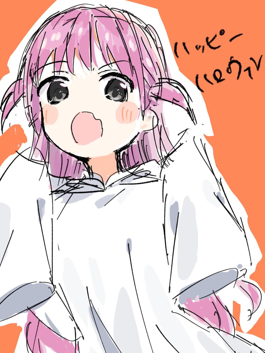 1girl blush emu_shido grey_eyes happy highres katou_umi long_hair looking_at_viewer open_mouth orange_background oversized_clothes purple_hair shirt solo summer_pockets two_side_up very_long_hair white_shirt