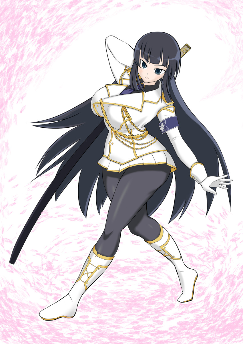1girl armband black_hair black_shirt blue_eyes blue_fire blue_necktie blunt_bangs blunt_ends blunt_sidelocks blunt_tresses blush boots breasts buttons closed_mouth double-breasted eo_masaka falling_petals fire full_body gloves hanzou_academy_school_uniform highres hime_cut holding holding_sword holding_weapon ikaruga_(senran_kagura) large_breasts long_hair long_sleeves looking_at_viewer necktie ootachi pantyhose petals school_emblem school_uniform senran_kagura shirt simple_background skirt solo standing sword very_long_hair weapon white_background white_boots white_gloves