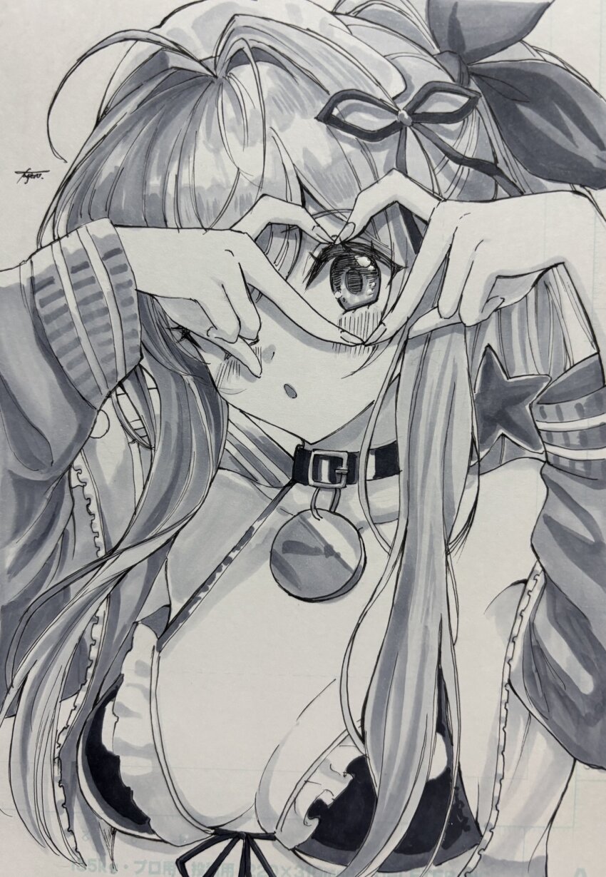 1girl :o anchor_(innocent_maid)_(nikke) anchor_(nikke) antenna_hair arms_up belt_collar bikini blush bow breasts cleavage collar collarbone fingernails four-finger_heart_hands frilled_bikini frills front-tie_bikini_top front-tie_top goddess_of_victory:_nikke greyscale hair_bow hair_intakes hair_ribbon hatching_(texture) heart heart_hands highres jacket long_hair long_sidelocks long_sleeves looking_at_viewer maid maid_bikini maid_headdress medium_breasts monochrome mugen_kageno off_shoulder open_clothes open_jacket ponytail ribbon sidelocks signature simple_background solo starfish swimsuit traditional_media unconventional_maid upper_body zipper