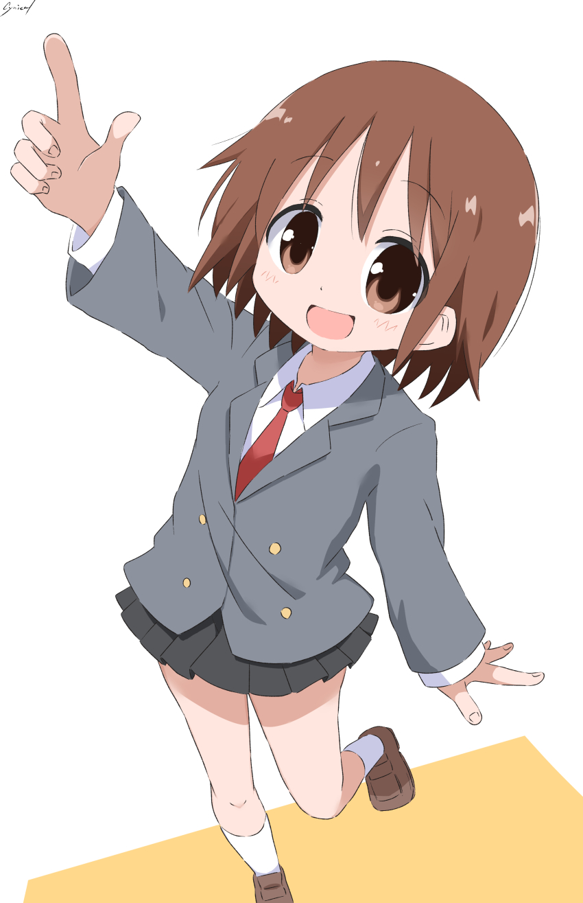 1girl :d absurdres arm_up blush brown_eyes brown_hair brown_shoes collared_shirt cynical_(llcbluckg_c004) full_body grey_jacket highres index_finger_raised jacket kill_me_baby long_sleeves looking_at_viewer miniskirt necktie open_mouth oribe_yasuna pleated_skirt red_necktie school_uniform shirt shoes short_hair simple_background skirt smile socks solo standing standing_on_one_leg white_background white_shirt white_socks