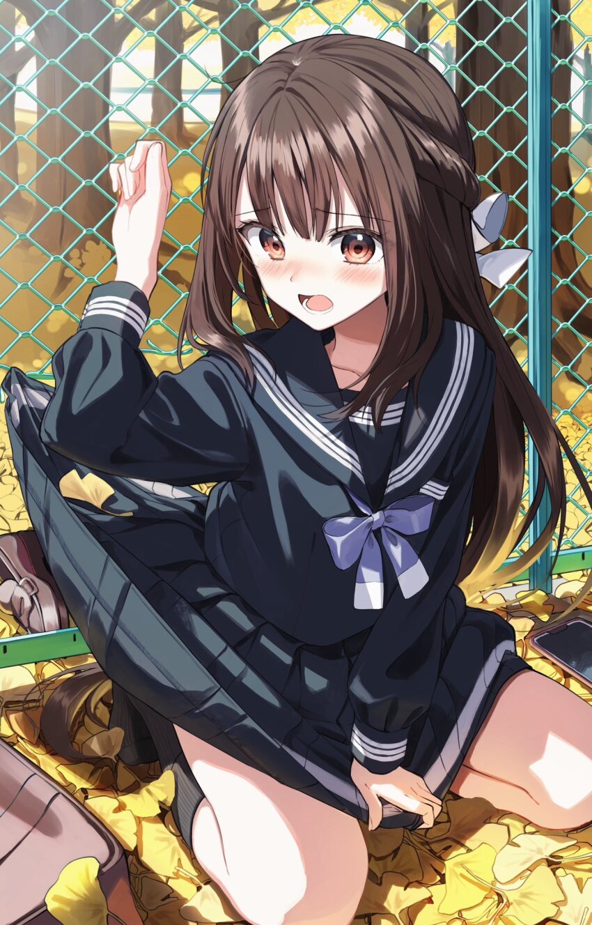 1girl autumn_leaves bag black_sailor_collar black_serafuku black_shirt black_skirt black_socks blush braid brown_bag brown_eyes brown_hair cellphone chain-link_fence collarbone commentary_request embarrassed fence hair_ribbon half_up_braid highres kneehighs leaf long_hair long_sleeves lower_teeth_only neck_ribbon no_shoes open_mouth original osana_naruka pentagon_(railgun_ky1206) phone pleated_skirt purple_ribbon ribbon sailor_collar school_bag school_uniform serafuku shirt skirt smartphone socks solo teeth wardrobe_malfunction